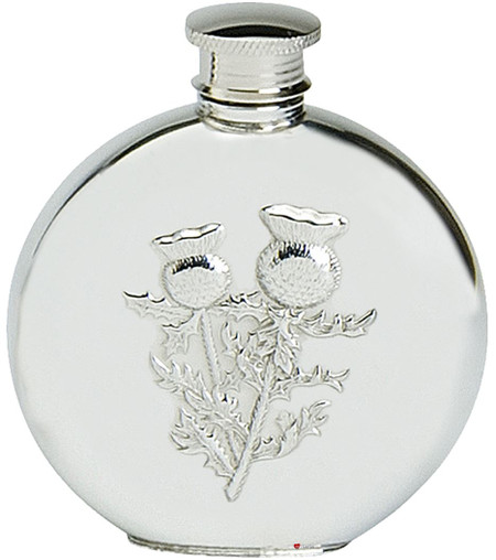 Pewter Round Flask Scottish Thistle With Stem Design 6oz Engravable Screw Top Great Gift