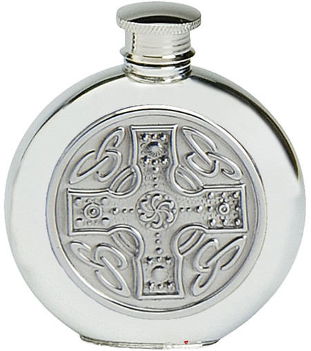Pewter Round Flask Celtic Cross Embossed Insert Disc Screw Top Engravable 6oz Great Gift