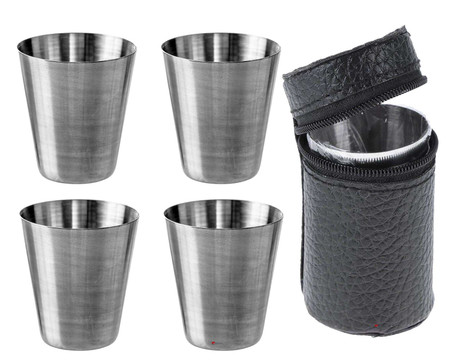 Four Drinking Travel Cups Set With Leather Case Ideal With Flask Great Gift