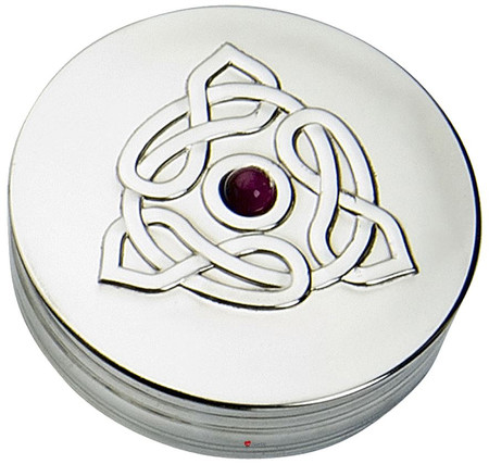 Trinket Box Pewter Round Celtic Trinity Design Amethyst Coloured Stone Lid 50mm