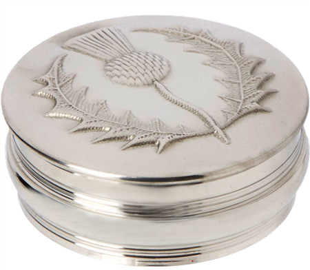 Trinket Box Pewter Round with Embossed with Scottish Thistle Design on Lid 50mm