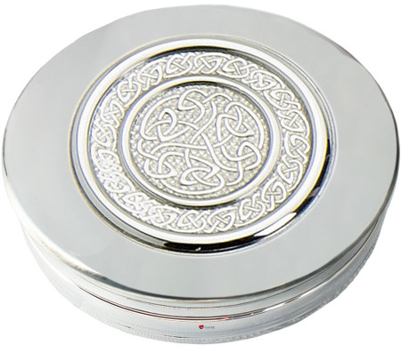 Trinket Box Pewter Round with Celtic Scroll Design Insert on Lid 50mm