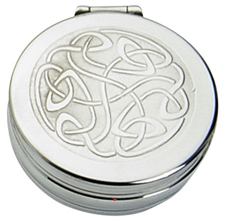 Trinket Pewter Box Round Hinged Lid with Celtic Scroll Design Insert on Lid 50mm