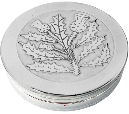 Trinket Box Pewter Round with Classic Scottish Thistle Design on Lid 50mm