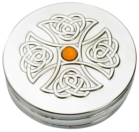 Trinket Box Pewter Round Celtic Cross Design Inset Topaz Coloured Stone Lid 50mm
