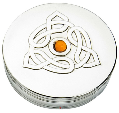 Trinket Box Pewter Round Celtic Trinity Lid Inset Topaz Coloured Stone Lid 50mm