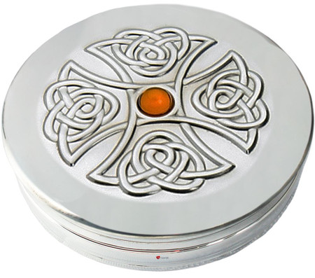 Trinket Box Pewter Large Celtic Cross Inset Topaz Coloured Stone on Lid 90mm