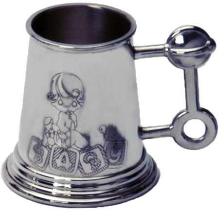 Christening Gift Children's Tankard Pewter Cup Engraved Baby Picture and Rattle