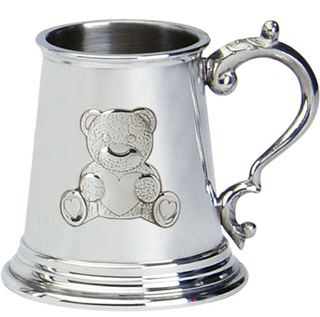Christening Gift Children's Plain Tankard With Teddy on Handle Pewter Cup