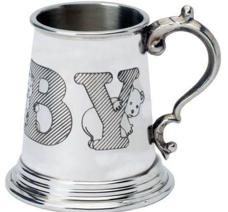 Child's Christening 1/4 pt Tankard Pewter Cup Word Wrap Baby Teddy Engravable