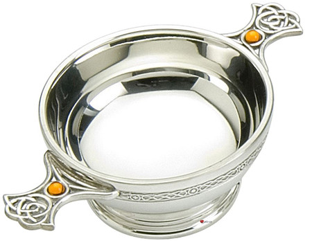 Scottish Quaich Celtic Handles Topaz Coloured Stone 3" Bowl Cup of Friendship Ideal Gift