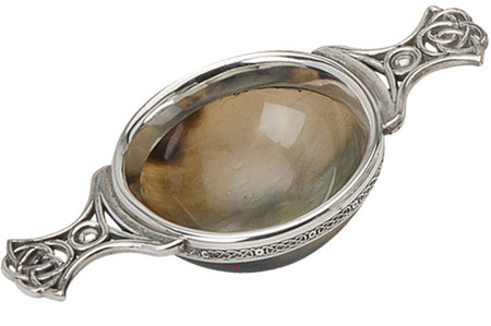 Ornate Horn Quiach with Pewter Handle and Trim in Celtic Design 2" Bowl Cup Ideal Gift