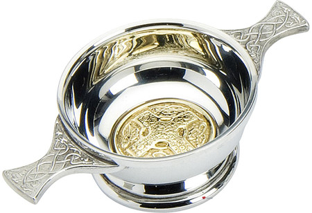 Scottish Quaich Celtic Cross Brass Handles 4" Bowl Pewter Cup of Friendship Ideal Gift