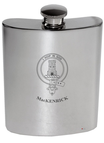 MacKenrick Family Crest 6oz Polished Pewter Kidney Flask MacKenrick Family Crest 6oz Polished Pewter Kidney Flask