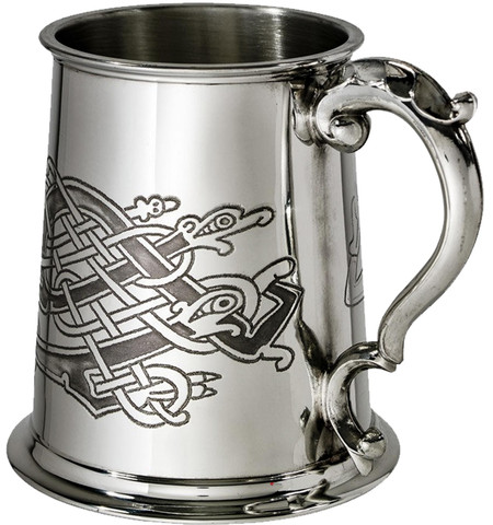 1 Pint Pewter Tankard with Celtic Birds Design Scroll Handle