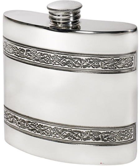 4oz Pewter Pocket Kidney Shaped Hip Flask - Horizontal Scottish Celtic Bands Design Made in the UK