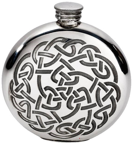 6oz Round Pewter Pocket Hip Flask with Celtic Knot Design Bright Polished Finish Ideal for Engraving Screw top Made in the UK
