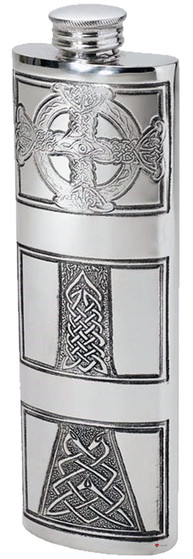 3oz Pewter Purse Flask Embossed with Celtic Cross on Front Bright Polished Finish Screw top Available for Engraving Comes in Lid and Base Box Made in the UK