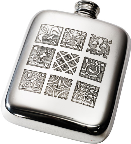 Pocket 4oz Pewter Hip Flask with Medieval Tile Motifs Pattern Embossed on Front, Bright Polished Finish Made in the UK