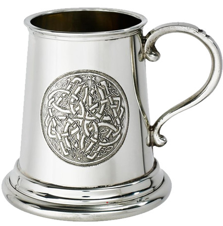 Quarter Pint Baby Christening Celtic Circle Embossed design on front Baby Mug Tankard Pewter Plain Body Scroll Handle Ideal for Engraving Supplied in Satin Presentation Box Made in the UK