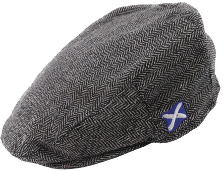 Tweed Flat Cap Grey Herringbone Fabric Embroidered Saltire Logo Traditional Scottish