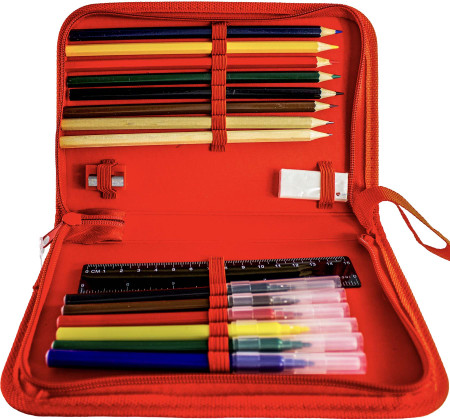 Red Tartan Stationery Gift Set Pencil, Coloured Felt tips Rulers & Sharpener