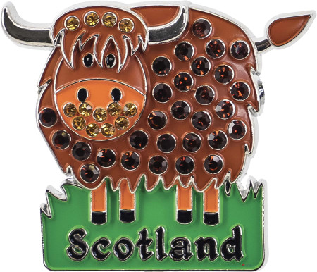 Enamel Fridge Magnet Highland Coo Crystal Bling with Scotland Banner Enamel Fridge Magnet Highland Coo Crystal Bling with Scotland Banner