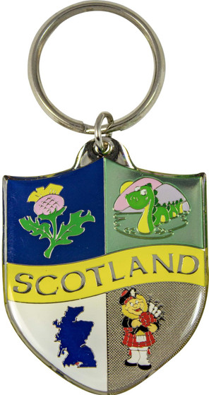 Scottish Souvenir Keyring Scotland Shield Crest 4 Designs Thistle, Nessie, Piper, Map Brass Metal