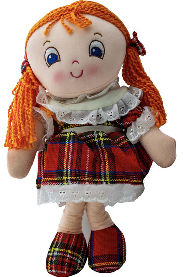 Scottish Rag Doll Soft Toy Wearing Traditional Tartan Dress and shoes Red Hair