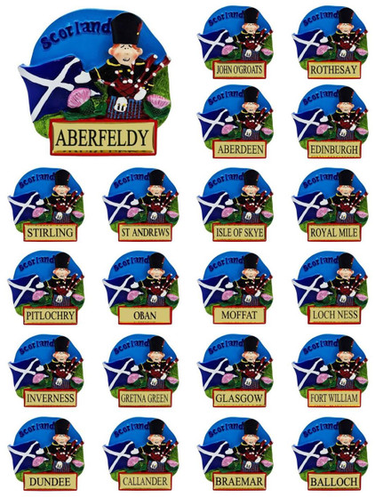 Resin Scottish Fridge Magnet Piper with Saltire Flag Scottish Place Name