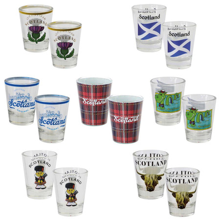 Set of 2 Double Shot Glasses 50ml Scottish Designs - Thistle Piper Nessie Tartan Set of 2 Double Shot Glasses 50ml Scottish Designs - Thistle Piper Nessie Tartan