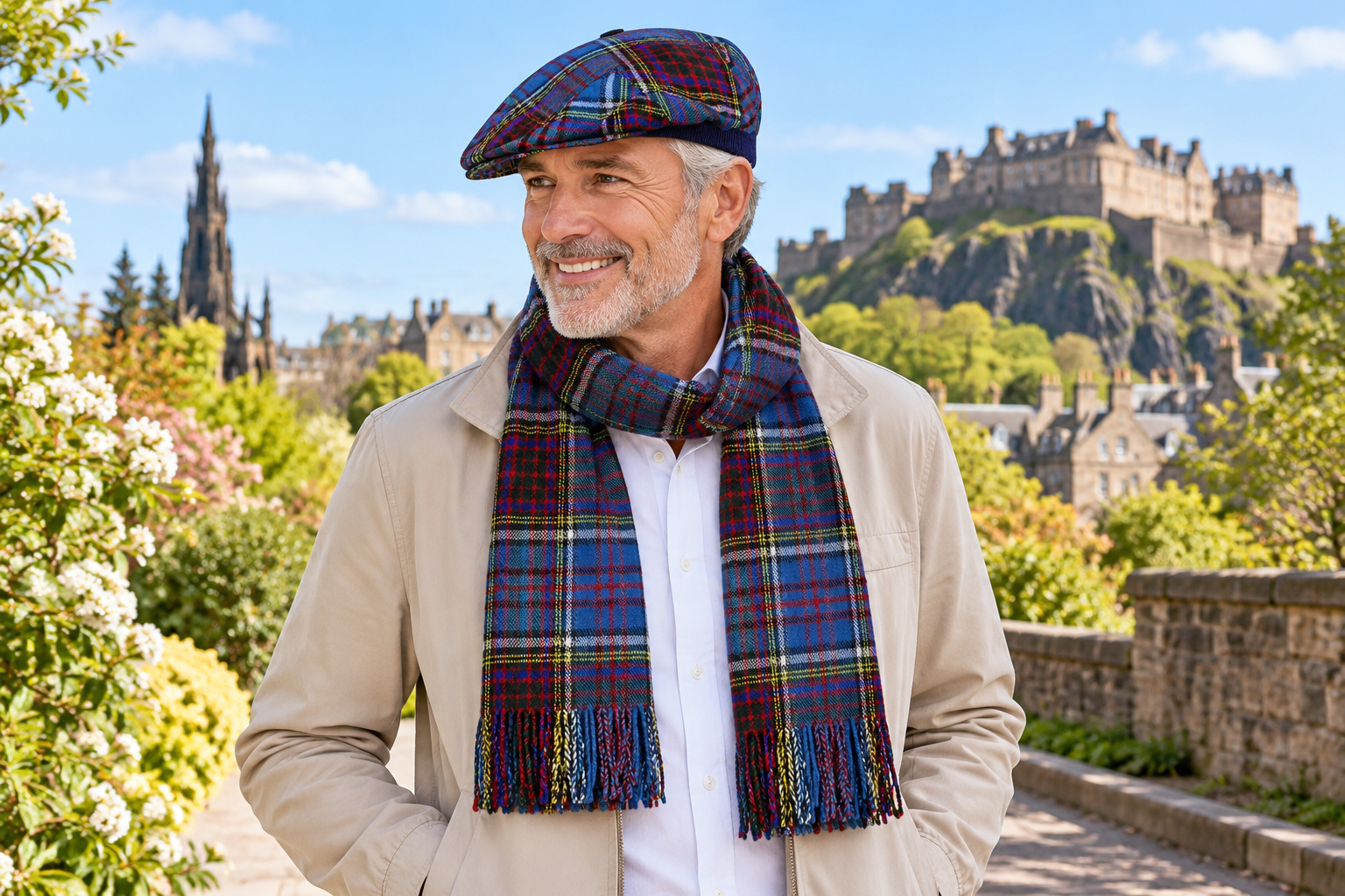 Man wearing a matching Anderson tartan flat cap and lambswool scarf