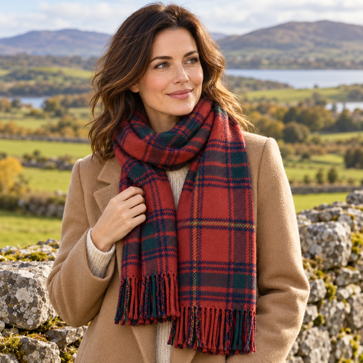 Woman wearing a rust-red Irish County tartan scarf in the countryside