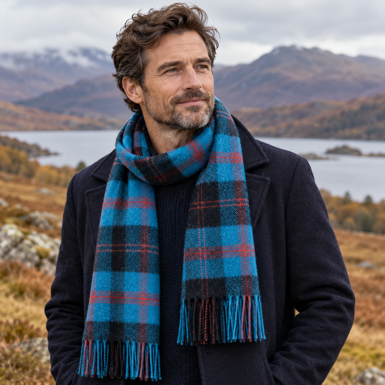 Man wearing a blue clan lambswool scarf in the Scottish Highlands