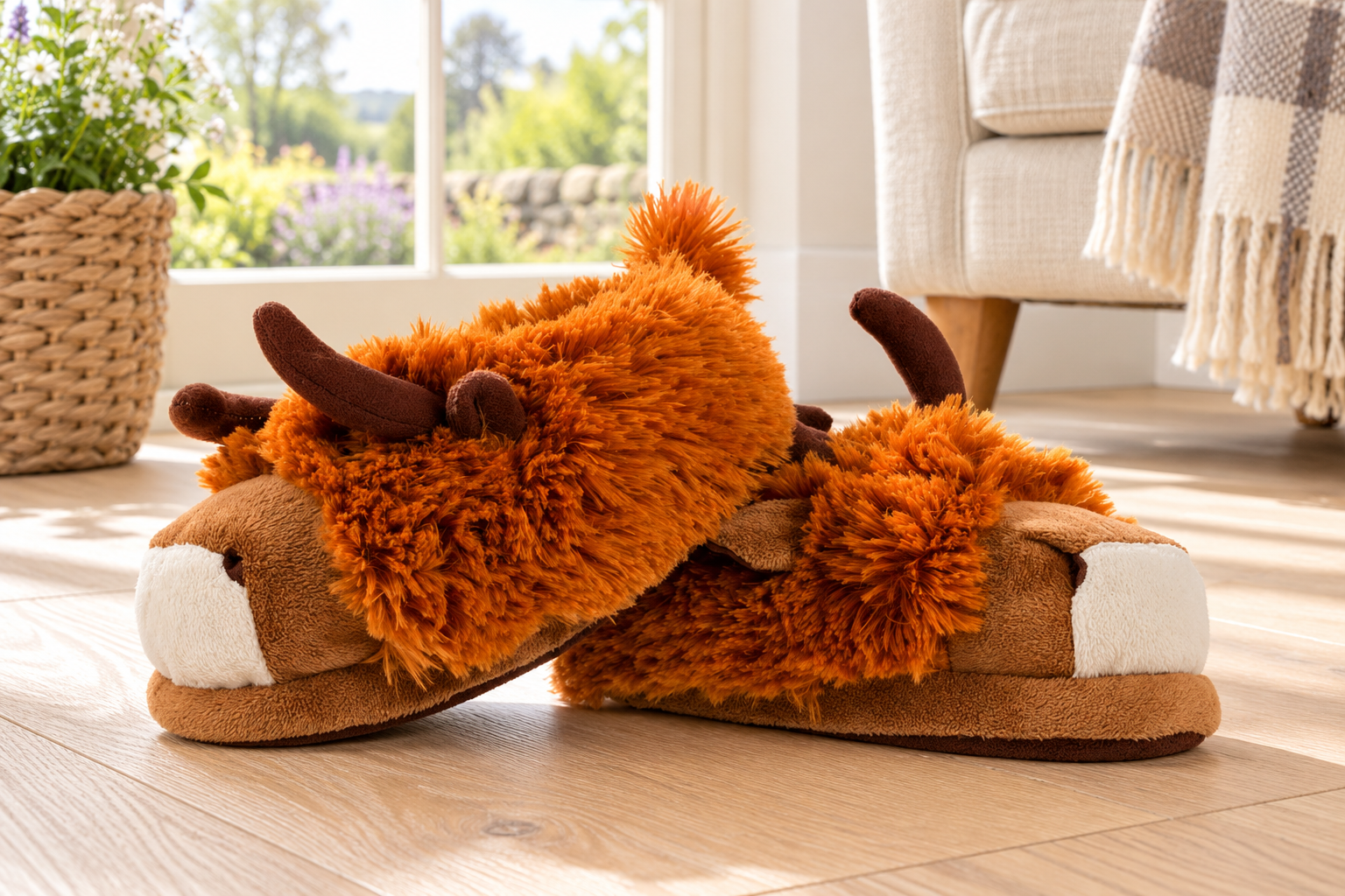 Highland cow slippers beside a chair in a bright cottage