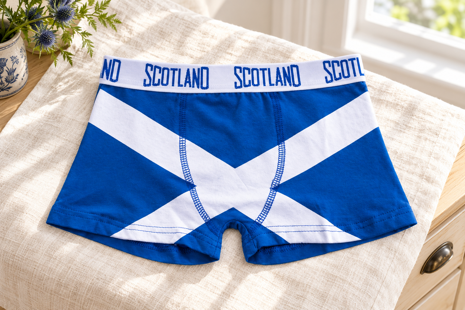 Blue Saltire boxer shorts on cream linen