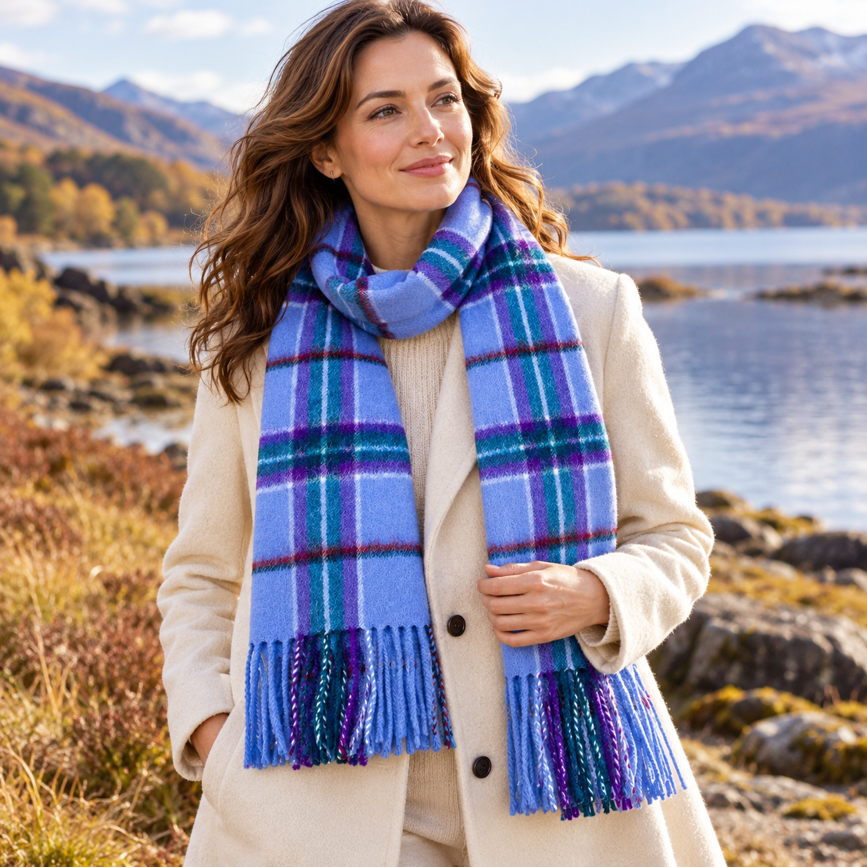Woman wearing a light blue World Peace tartan scarf by a Scottish loch