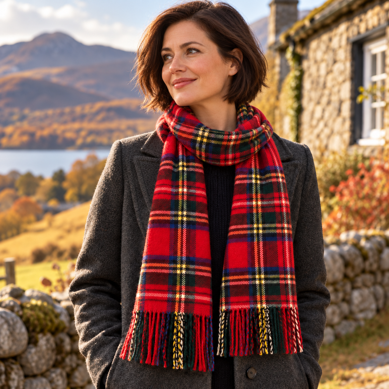 Woman wearing a red Stewart Royal tartan lambswool scarf in the Scottish Highlands