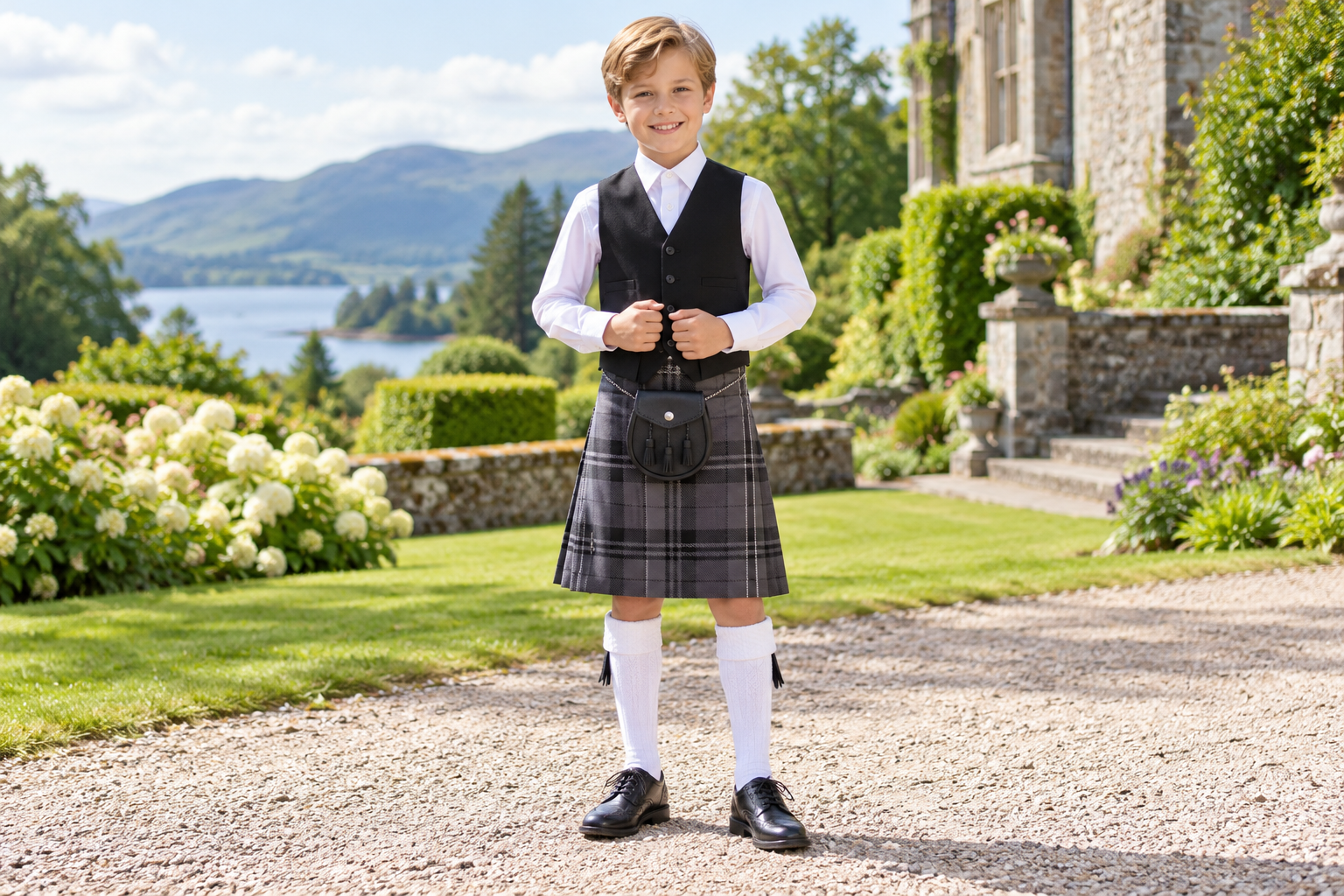 Boy wearing a grey tartan kilt and black sporran in a Scottish garden
