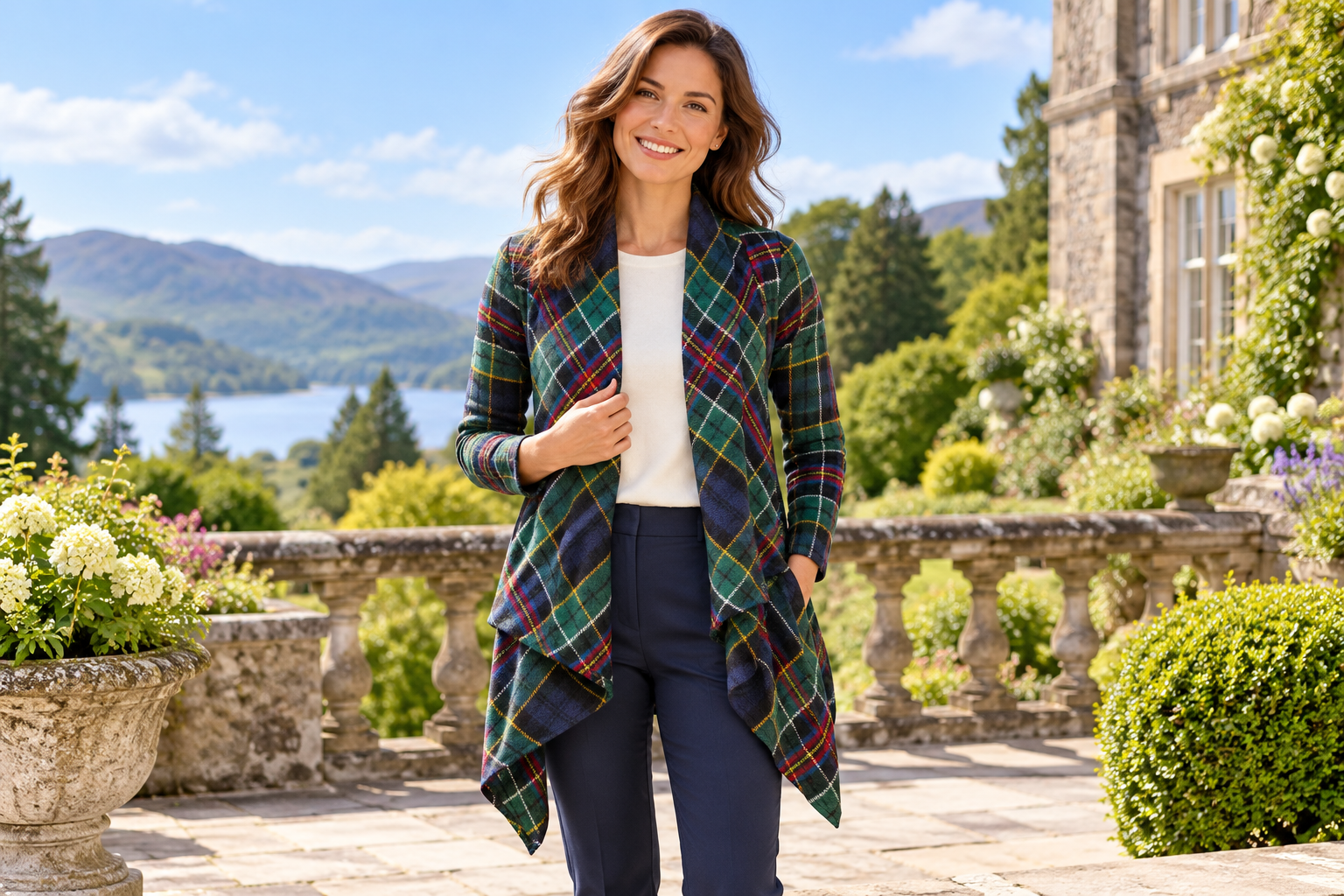 Woman wearing an Allison Modern tartan waterfall jacket in a garden