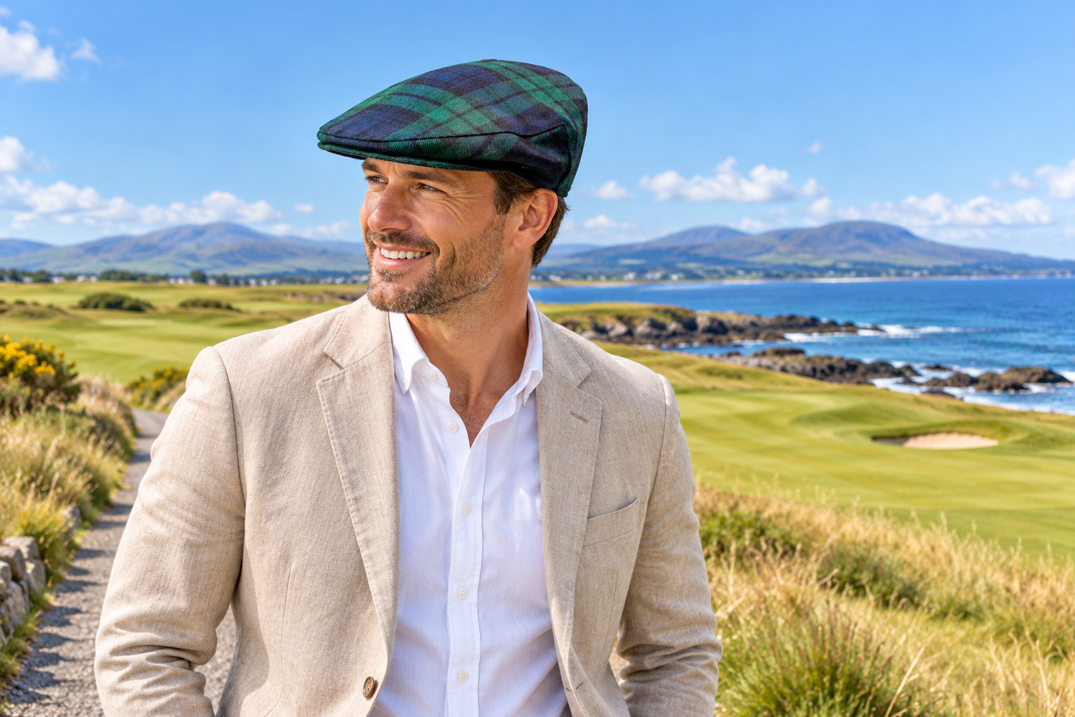 Man wearing a Black Watch tartan flat cap on a coastal golf course