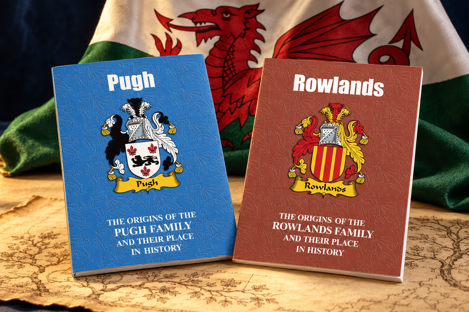 Welsh surname history booklets with the national flag