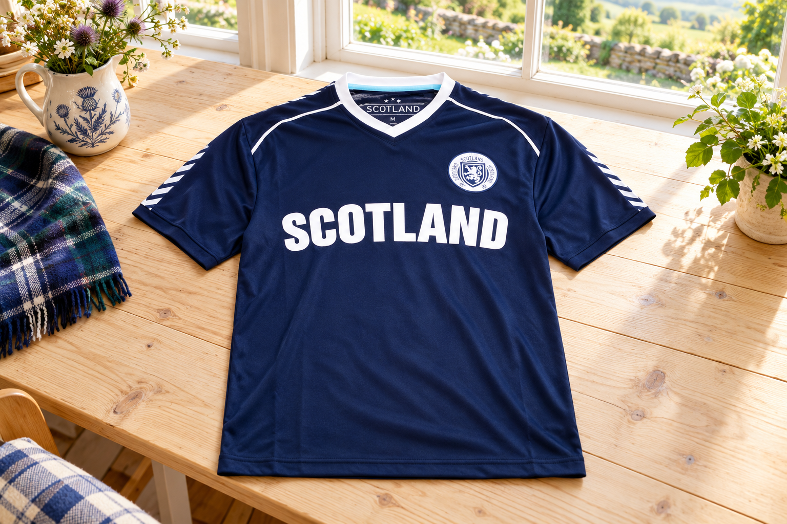Scottish T-shirt styling on a table beside a bright cottage window