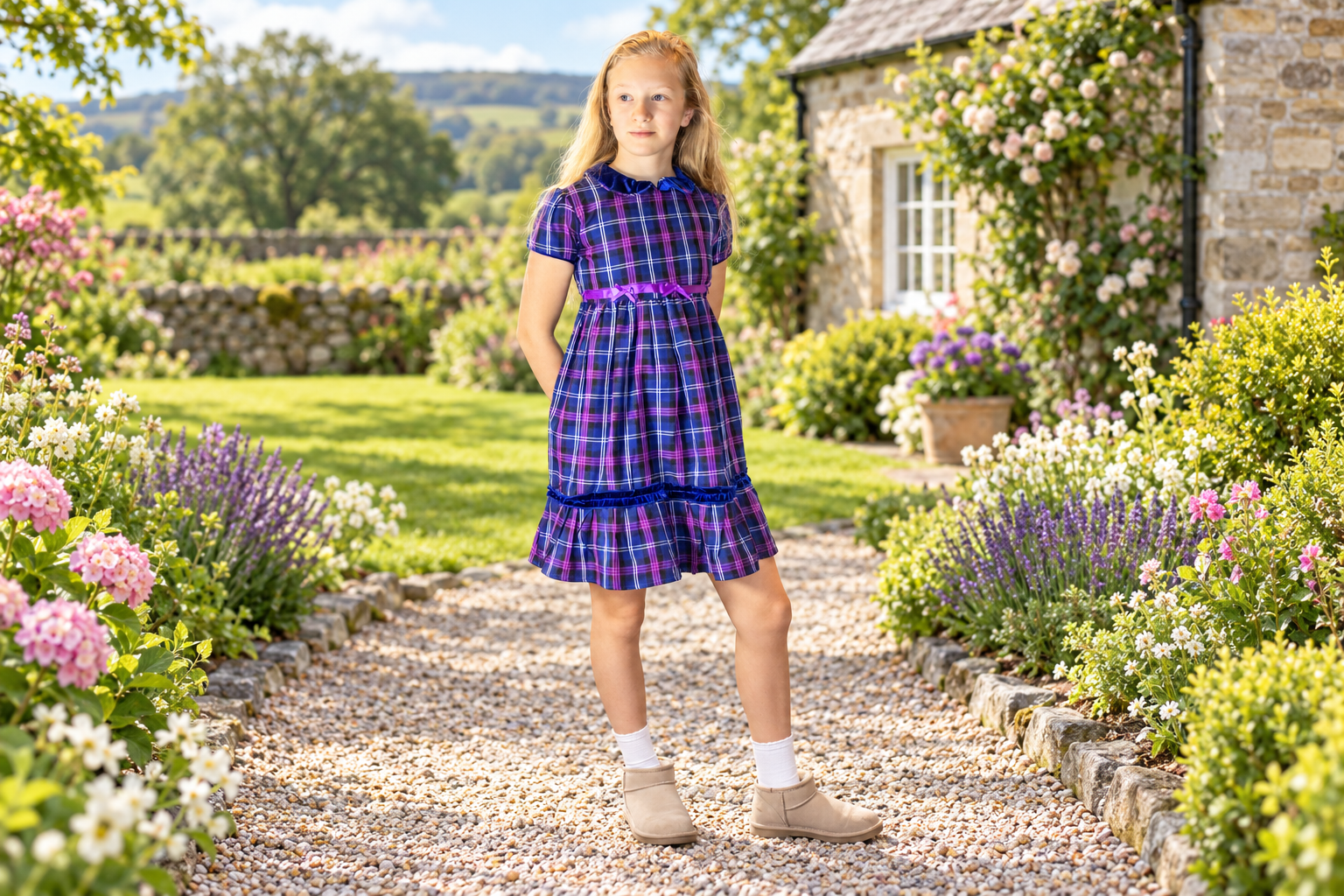 Girl wearing the supplied purple tartan dress in a bright Scottish cottage garden