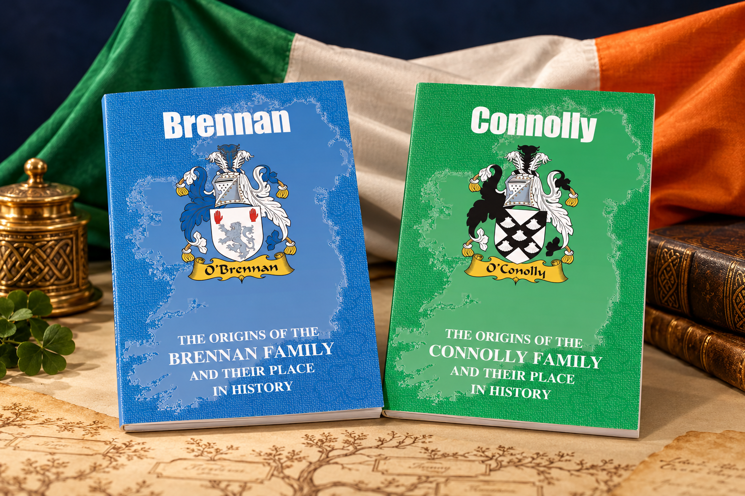 Irish surname history booklets with the national flag