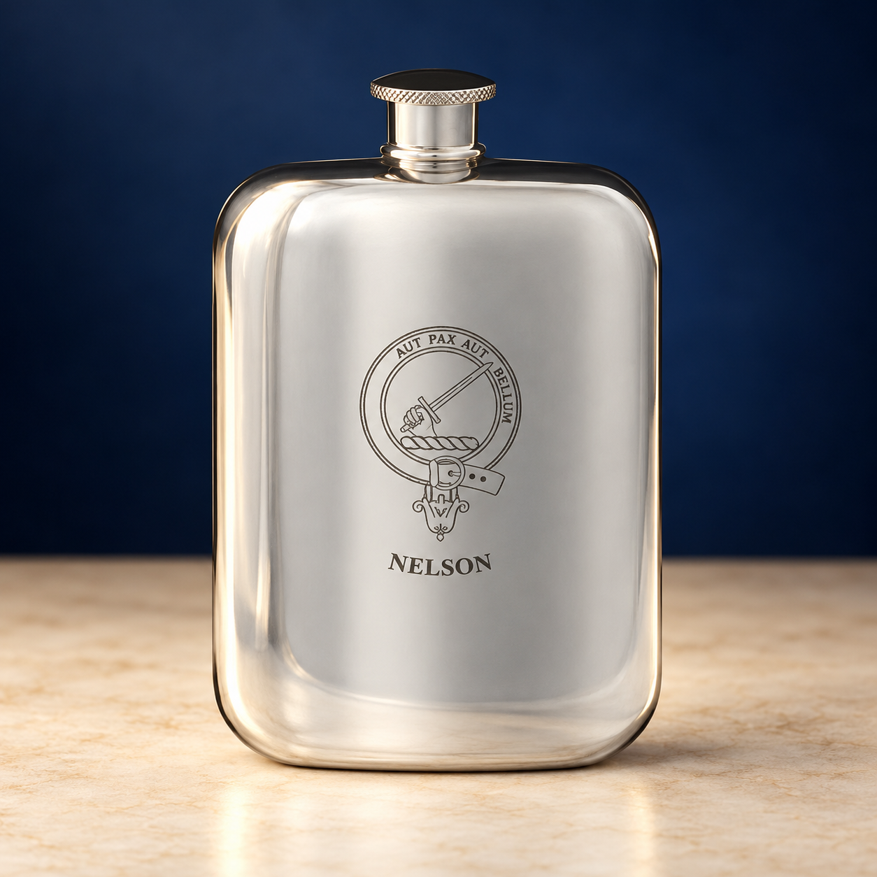 Clan Crest Pocket Hip Flask 6oz Polished Pewter