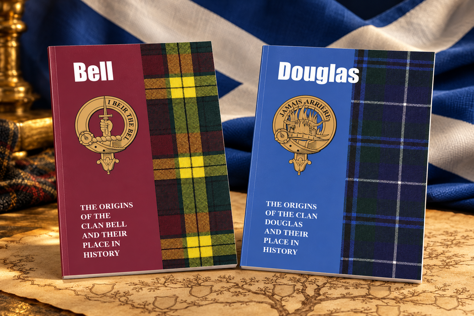 Scottish surname history booklets with the national flag
