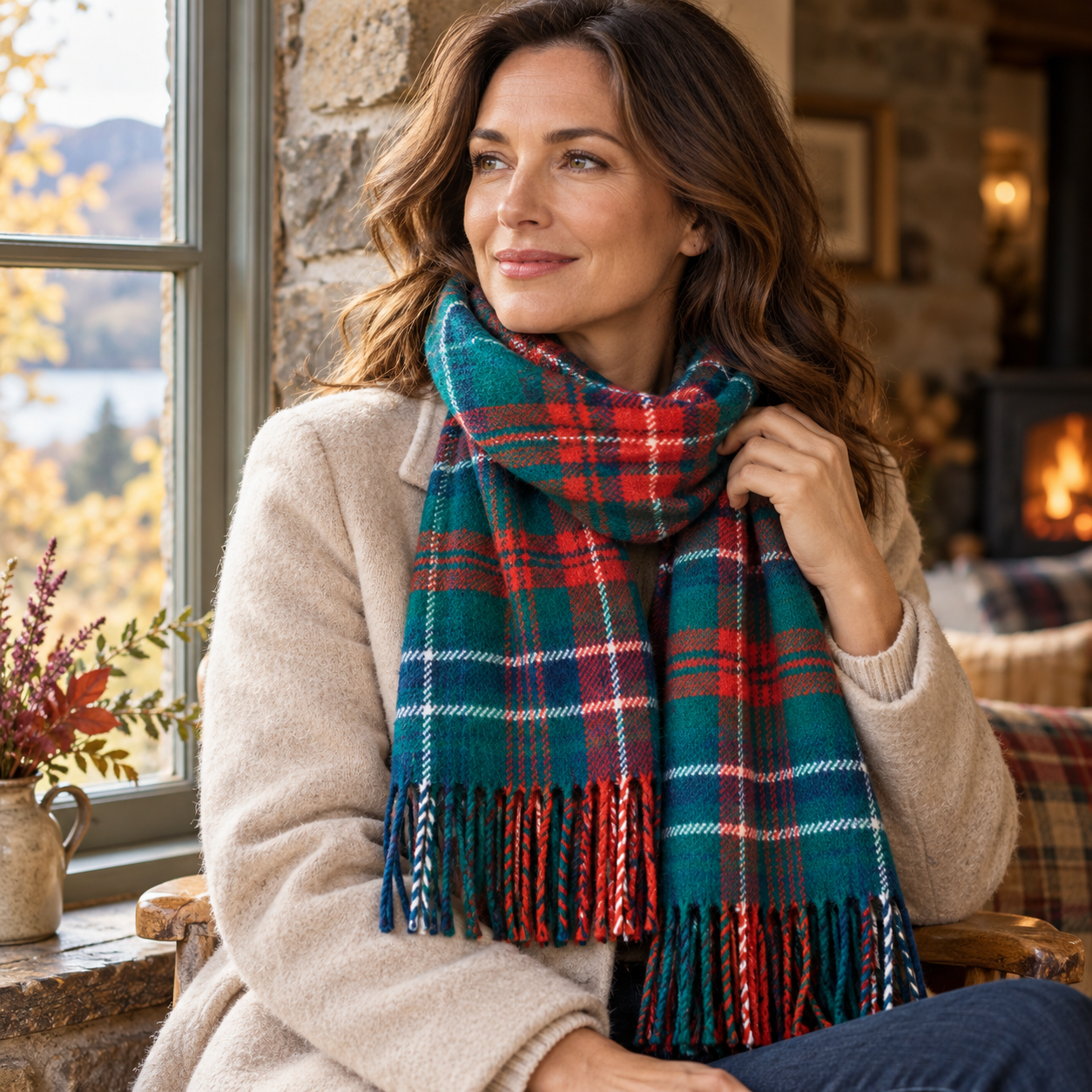 Woman wearing a colourful brushwool tartan scarf in a cosy Scottish cottage