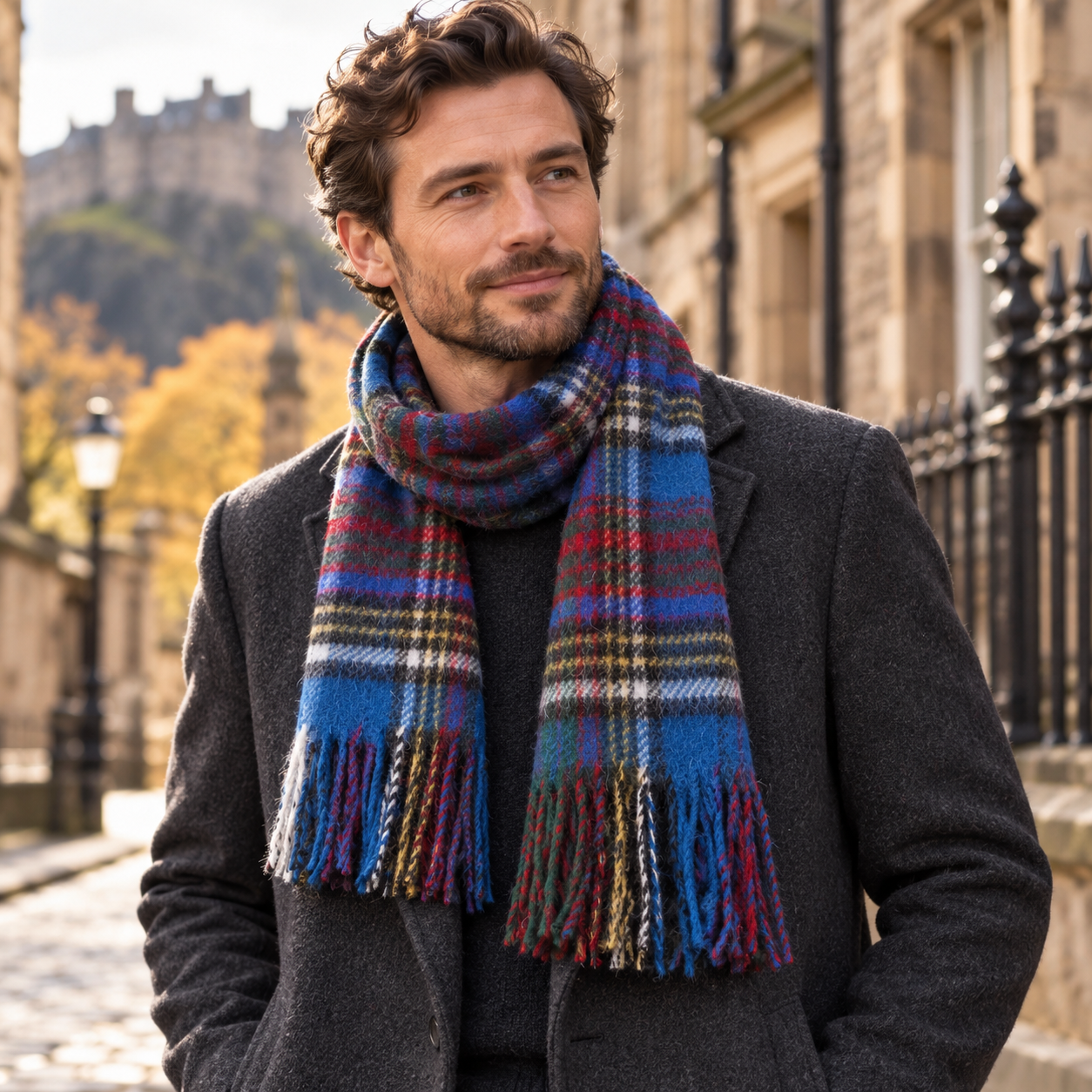 Man wearing an Anderson tartan scarf in Edinburgh