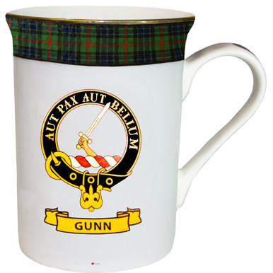 MacLeod Clan Crest Fine Bone China Coffee Mug - Scottish Made, Yellow Dress Tartan, Gold Rim, 11.5x12.5cm